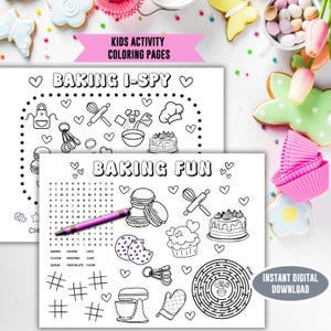 Puede incluir: Dos páginas para colorear en blanco y negro con temas de repostería, tituladas "Baking I-Spy" y "Baking Fun". Las páginas presentan dibujos lineales de utensilios de repostería, postres y una búsqueda de palabras. El texto "Kids Activity Coloring Pages" está en la parte superior.