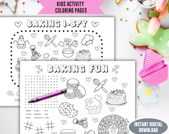 Baking coloring placemat sheet, Bake Sale kid coloring activity, Party cupcake printable game, family cooking lover sheet,  birthday  gift