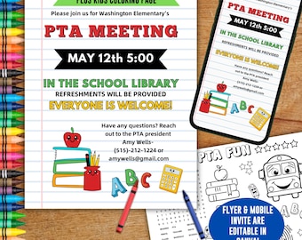 PTA meeting FLYER & mobile invitation, customized PTO teacher conference phone invite, editable text social post, kid activity coloring page