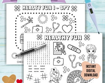 Easy Doctor office kid coloring sheet, digital download waiting room activity, pediatrician maze wordsearch, family Dr printable ispy game