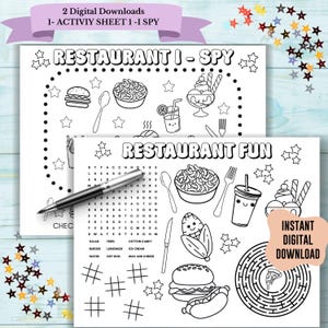 Foodie restaurant kids coloring placemat, digital dinner lunch activity sheet, family eat out kid maze wordsearch, food printable games ispy