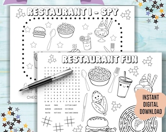 Foodie restaurant kids coloring placemat, digital dinner lunch activity sheet, family eat out kid maze wordsearch, food printable games ispy