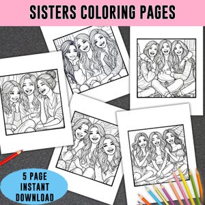 Sister coloring page gift, adult color sheet, printable sibling best friend gift, family relaxing activity bundle, cartoon instant download