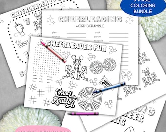 Cheerleader coloring activity page bundle, comp all star team Bonding printable gift, cheer summit sheet, competition practice game placemat