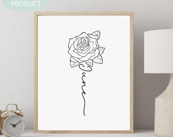 Rose June Birth Flower PRINTABLE Digital Wall art Minimalist June birthday nursery digital print gift for her mom or daughter wall decor