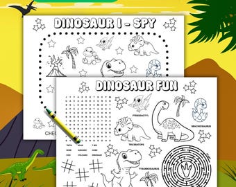 Dinosaur kid coloring activity page, printable birthday party favor, school class placemat, dino t rex game, 2nd 3rd grade science worksheet