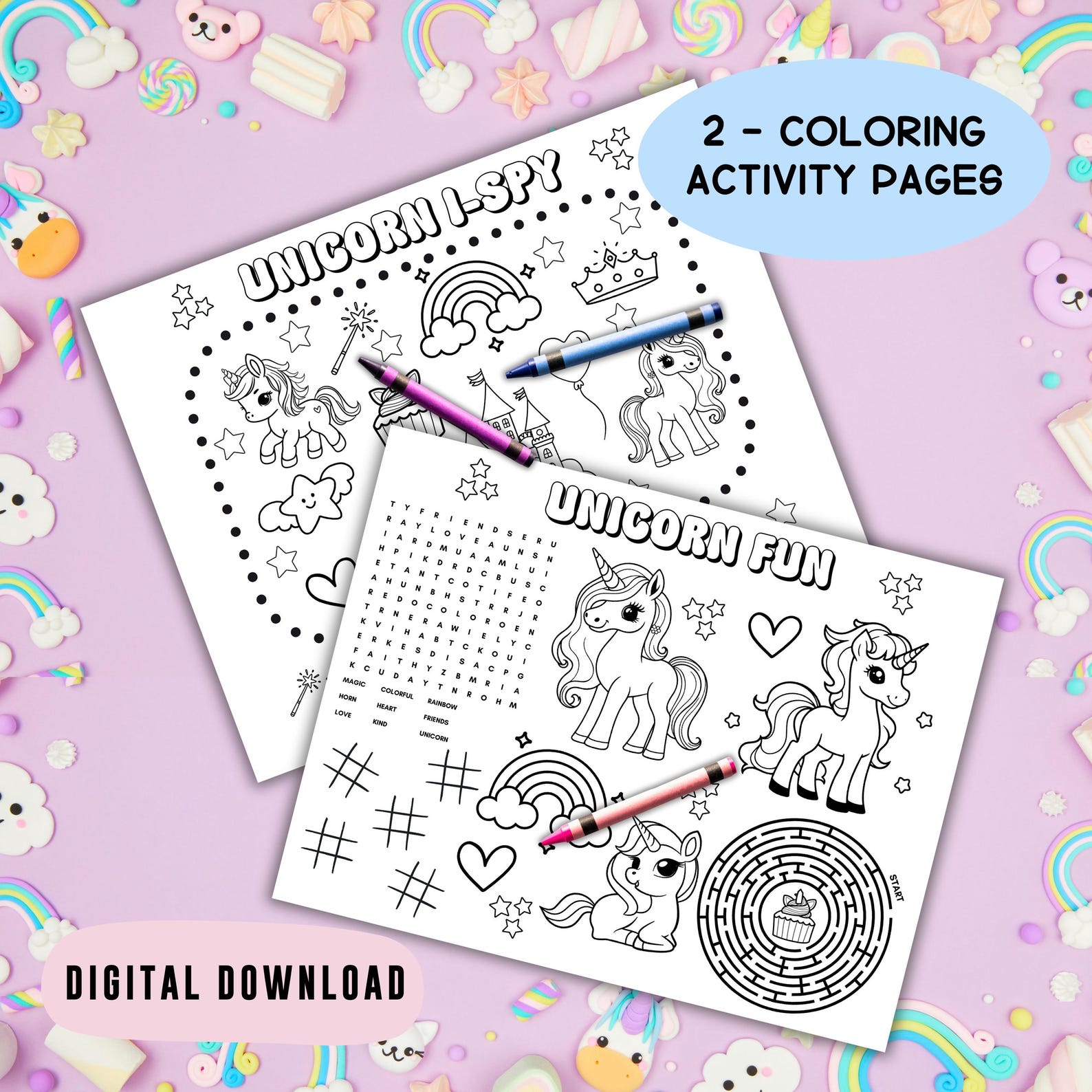 Unicorn Coloring Pages, Girl Birthday Activity Sheet, Kid Party Favor ...
