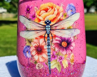 Pink dragonfly insulated wine cup