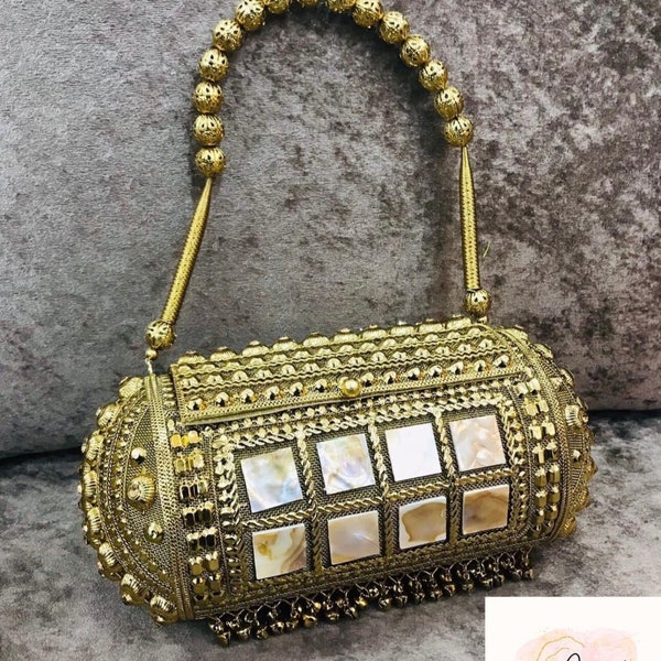 Golden Antique Vintage Metal Clutch Evening Bag Handcrafted handbag Party Box Clutch