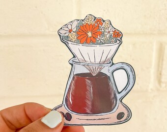 Pour Over Flower Sticker, Coffee Sticker, Flower Girly Sticker, Coffee Bean Pour Over Sticker, Bookish Sticker