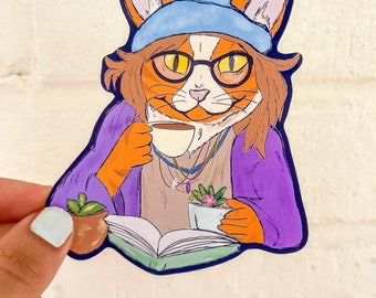Cat Plant Sticker, Cat Drinking Coffee, Reading Stickers, Bookish Stickers, Cute Tabby Cat Sticker, Cat with Glasses, Hippy Cat Plant Mom