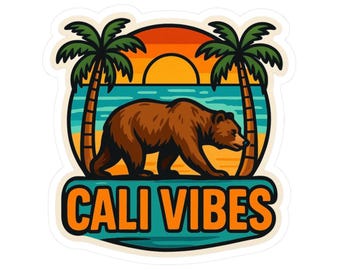 California Sticker | Cali Vibes Decal | California State Flag Laptop Car Sticker | West Coast Gift, Cute Bear Sticker, California Souvenir