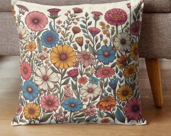 Könnte beinhalten: Ein weißes Kissen mit einem Blumenmuster, das eine Vielzahl von bunten Blumen zeigt, darunter rosa, rot, gelb, blau und grün. Die Blumen sind in einem dichten, verspielten Muster angeordnet.