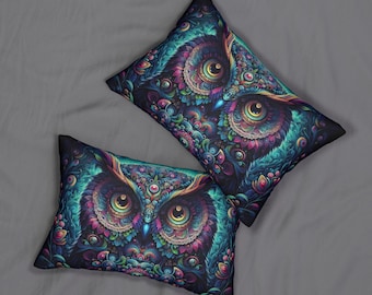 Psychedelic Owl Lumbar Pillow: Colorful Boho Home Decor
