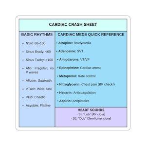 Puede incluir: Una pegatina rectangular con un fondo azul y verde, que presenta información médica. El texto "CARDIAC CRASH SHEET" está en la parte superior, con listas de ritmos básicos, medicamentos cardíacos y sonidos cardíacos. La pegatina está diseñada para una referencia rápida.