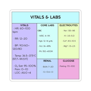May include: A sticker with the text "VITALS & LABS" and sections for vitals, core labs, electrolytes, renal, and glucose. The vitals section includes heart rate, respiratory rate, blood pressure, temperature (36.5-37.5°C or 97.7-99.5°F), O2 saturation, pain, and level of consciousness.