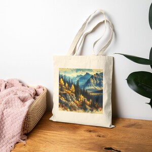 Borsa tote in tela con motivo autunnale ad acquerello delle Montagne Rocciose canadesi, sagome di pinete, borsa decorativa con grana di carta ruvida, regalo per gli amanti della natura e del Canada