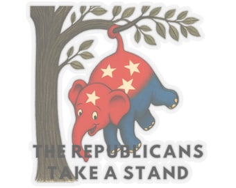 Pegatina "Los republicanos toman posición": divertido diseño de elefante político, calcomanía humorística republicana en rojo, blanco y azul, simpática caricatura política.