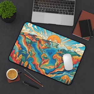 Bunte Weltkarte Tischset - lebendige Schreibtischzubehör, Bürodekoration, Geschenke für Reisende, Weltkarte Tischset mit bunten Line Art