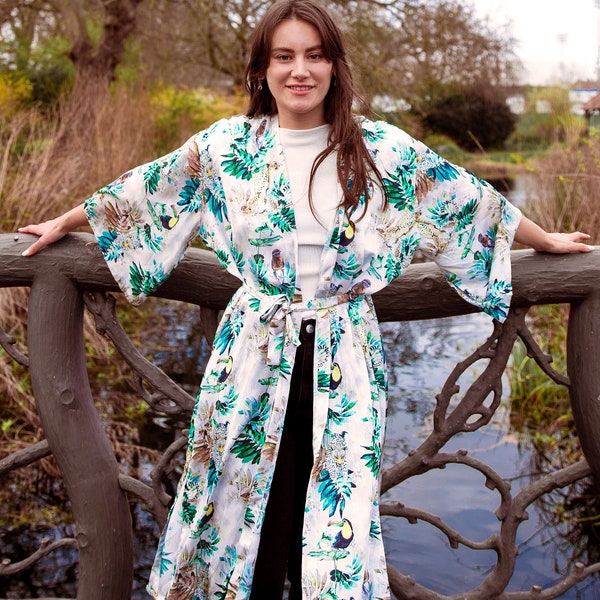 Handmade Soft Silk Cotton Blend Bohemian Kimono Robe; Floral, Tropical Bright Bird Print Great For Festivals, As Nightwear Or Beachwear