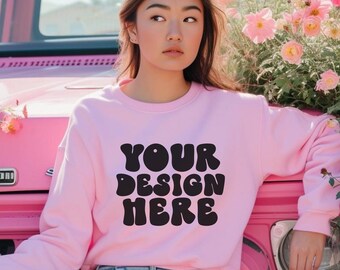 Pink Sweatshirt Mockup, Gildan 18000 Mockup, Woman Sweatshirt,  Crewneck Oversized, POD,  crewneck Mock Up, Print On Demand, Gildan Mockup,