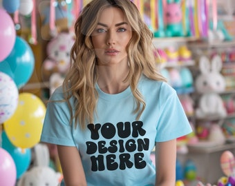 Blue T-shirt Mockup, Bella Canvas shirt, Gildan 6400, Comfort colors mockup, shirt Mockup, Trendy shirt mockup, easter mockup, womans tshirt