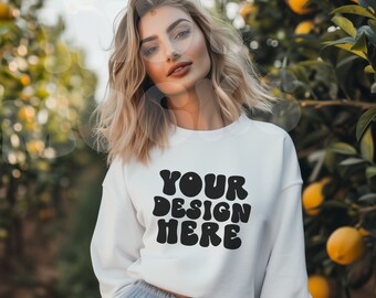 Wit Sweatshirt Mockup, Gildan 1800, Comfort kleuren mockup, shirt Mockup, Trendy shirt mockup, POD, sweatshirt Mockup, Lente Mockup, Model