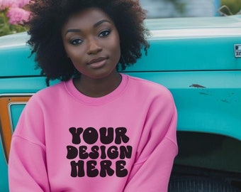 Pink Sweatshirt Mockup, Gildan 18000 Mockup, Woman Sweatshirt,  Crewneck Oversized, POD,  crewneck Mock Up, Print On Demand, Gildan Mockup,
