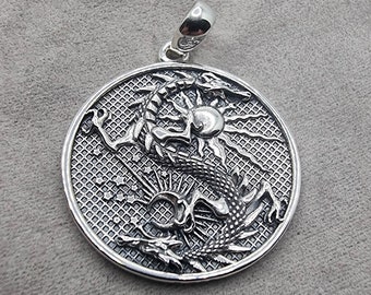 925 Sterling Silver Sun and Moon Dragon Pendant, Unisex Vintage Amulet, Cosmic Harmony & Personal Power Symbol Jewelry