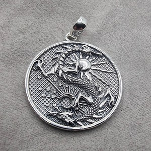 925 Sterling Silver Sun and Moon Dragon Pendant, Unisex Vintage Amulet, Cosmic Harmony & Personal Power Symbol Jewelry