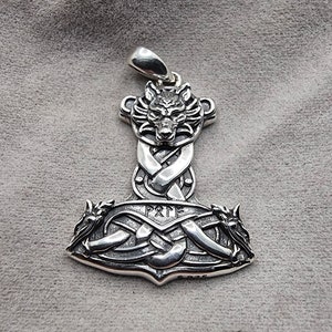 925 Sterling Silver Viking Wolf Thor Hammer Pendant with Celtic Knotwork: Norse Mythology Inspired Amulet for Strength & Protection