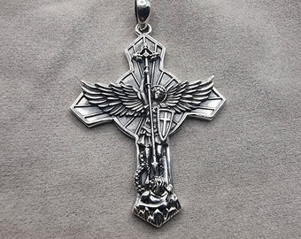 925 Sterling Silver Winged Saint Michael Archangel Cross Pendant Symbol of Protection and Courage Divine Guardian Jewelry Piece Angel