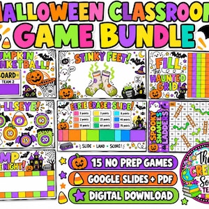 Könnte beinhalten: Ein Halloween-Klassenzimmer-Spielpaket mit bunten Grafiken von Geistern, Fledermäusen, Kürbissen und Zuckermais. Die Sammlung enthält druckbare und digitale Spielbretter wie Pumpkin Trashketball, Stinky Feet und Spooky Snakes & Ladders.