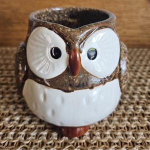May include: A ceramic owl-shaped cup featuring a speckled brown and white glaze. The owl has large white circular eye patches, a brown beak, and black pupils. The body has a textured white lower section and a brown upper section.