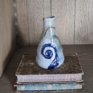 Signed Stoneware Bud Vase, Heavy Crackle Glaze Studio Pottery, Sgraffito Flower & Cobalt Blue Swirl, Earthy Home Decor, Studio Pottery