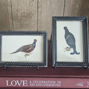 May include: Two framed pictures featuring bird artwork created with feathers. The left frame is horizontal with a pheasant, and the right frame is vertical with a dark bird. Both have black frames with gold trim and sit on a maroon book.