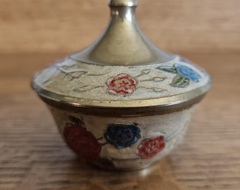 Small vintage brass & enamel lidded floral dish