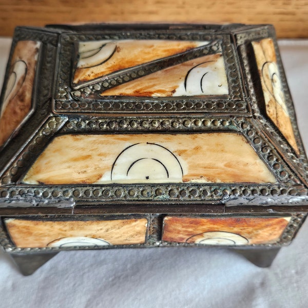 Vintage ornate Moroccan hinged brass & bone jewelry or trinket box