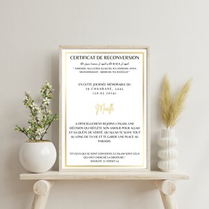 May include: A gold framed certificate with a white background and black text. The certificate is for a conversion to Islam. The text includes the date 29 Chaabane, 1445 (10.03.2024) and the name Maelle. The certificate also includes a quote from the Quran: "And those who have turned to Islam are those who have sought the Straight Path."
