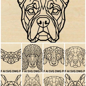 May include: Geometric dog portraits in black line art on a light wood background. The image features a large dog head at the top and several smaller dog portraits below. The style is modern and minimalist, suitable for wall art or crafts.