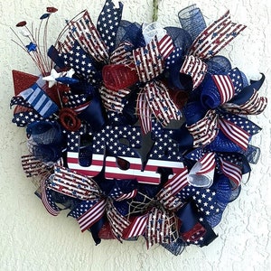 Red White Blue Wreath, 4th of July Wreath, Independence Day Decor, Memorial Day, Patriotic Wreath, Flag Wreath, Summer Front Door Wreath