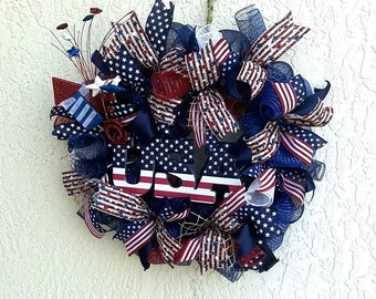 Red White Blue Wreath, 4th of July Wreath, Independence Day Decor, Memorial Day, Patriotic Wreath, Flag Wreath, Summer Front Door Wreath