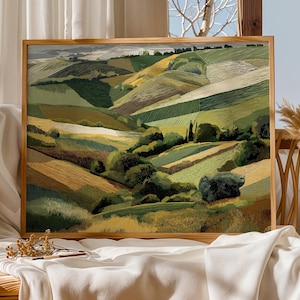 Wall Art – Rolling Hills Countryside Landscape Art Print, Patchwork Fields Wall Decor, Rustic Green Nature Illustration Farmhouse or Cottage