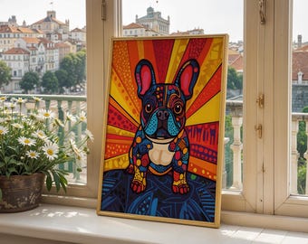 カラフルなフレンチブルドッグのキャンバス絵画 - 犬好きの方への