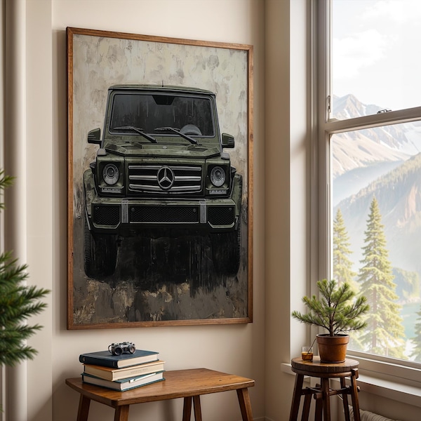Rugged Mercedes G-Wagon Art Print - Bold Green Off-Road Style Painting - Luxury Wall Decor for Car Enthusiasts - Vertical Poster