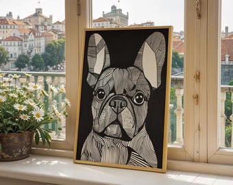May include: A black and white line art illustration of a French Bulldog's face, framed in a gold frame. The illustration is on a black background.