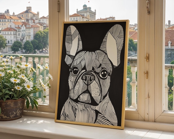 フレンチブルドッグのマットな縦型ポスター、白黒のモダンな幾何学模様