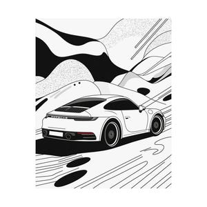 Schwarz-weißer Porsche 911 Matt Vertikales Poster - Moderne Automobilkunst, Monochrome Illustration, minimalistischer Stil, Luxussportwagen