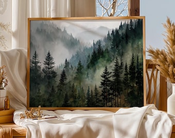 Wall Art – Misty Forest Watercolor Print, Mountain Landscape Wall Art, Evergreen Tree Nature Decor, Moody Green Woodland Artwork