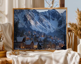 Wall Art – Snowy Alpine Village Wall Art, Winter Mountain Cabin Landscape Print, Cozy Holiday Scene with Glowing Windows, Nordic Christmas
